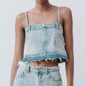 NWT Zara Denim Corset Crop Top Medium Distressed Raw Hem
